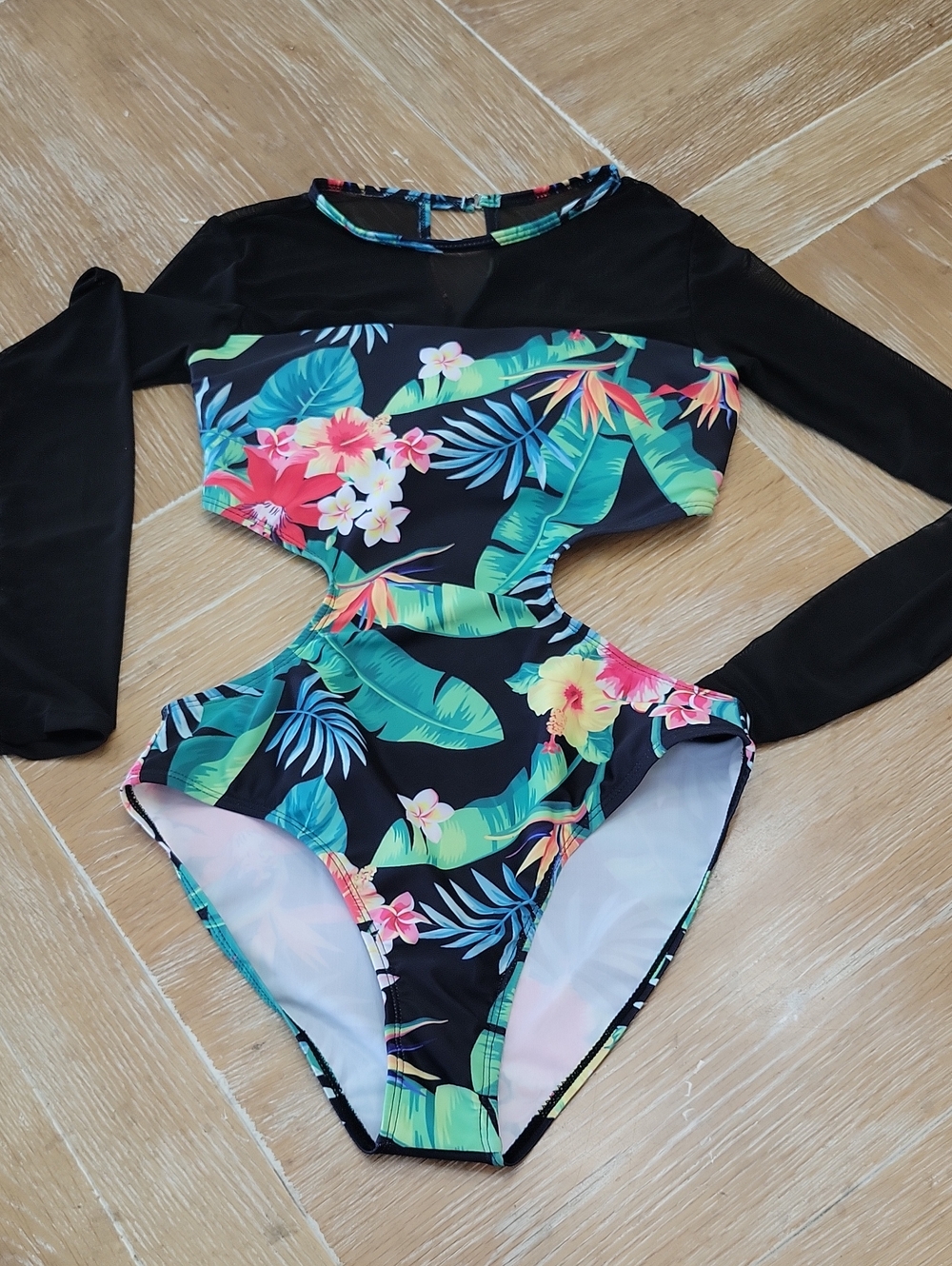 Women's One Piece Floral Longsleeve Mesh Trim Rashguard Swimsuit Small NWOT